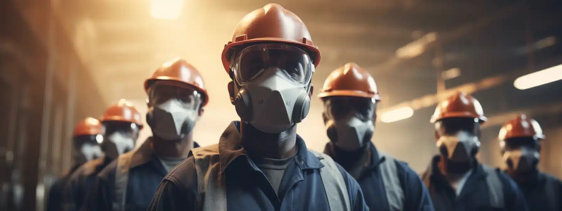 a group of employees wearing face masks and safety equipment while receiving training on respiratory protection.