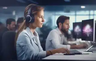 employees wearing smart health monitors at their workstations, promoting workplace wellness.