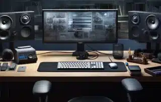 a neatly arranged desk with ergonomic tools, including a supportive chair, an adjustable monitor, and a keyboard with wrist support.
