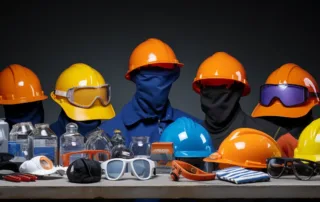 a collection of personal protective equipment (ppe) including helmets, safety glasses, masks, gloves, and protective suits displayed on a table.