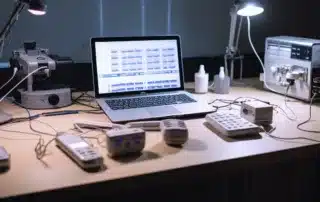 a table with multiple monitoring devices, such as heart rate monitors and blood pressure cuffs, neatly arranged and ready for use.