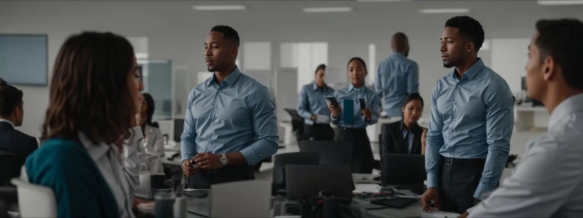 instructors demonstrate correct posture to attentive employees in a bright modern office space.