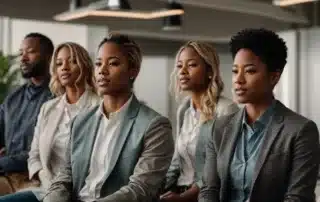 a group of diverse employees engaging in a calming group mindfulness session led by a professional in a bright, open office space.