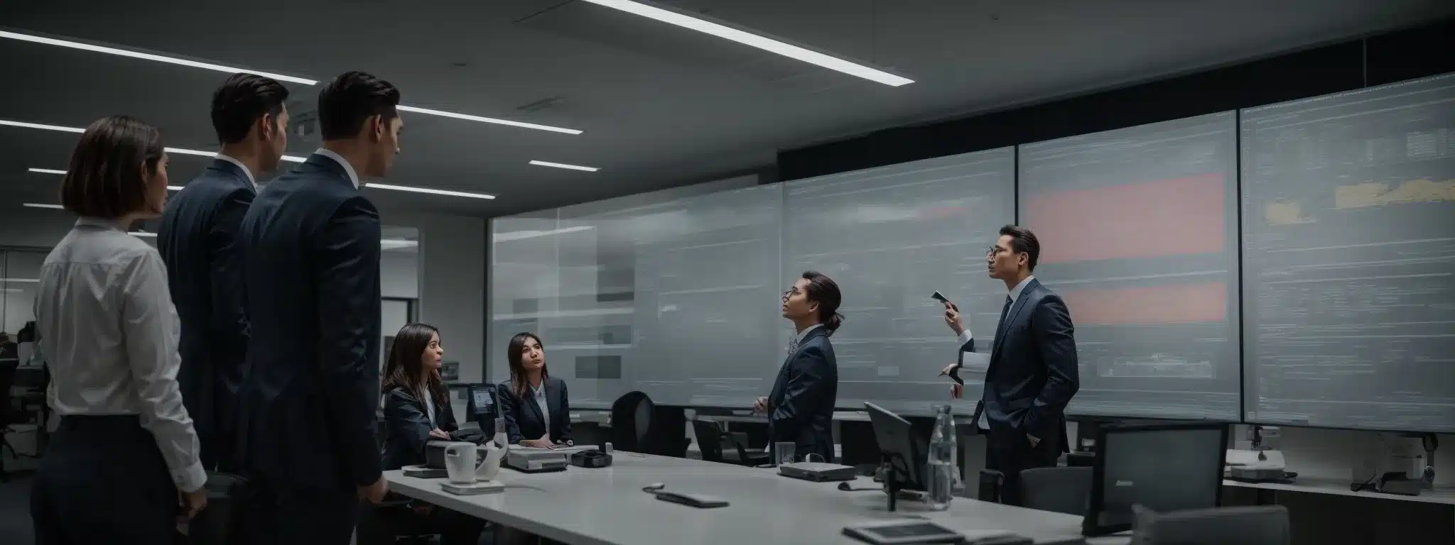 a group of professionals in a modern office reviewing a large health and safety compliance flowchart on a digital screen.