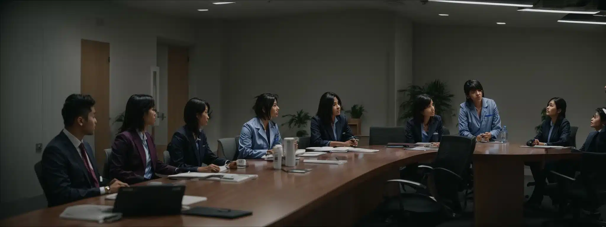 healthcare professionals gather around a conference table, reviewing a set of clear, detailed guidelines.