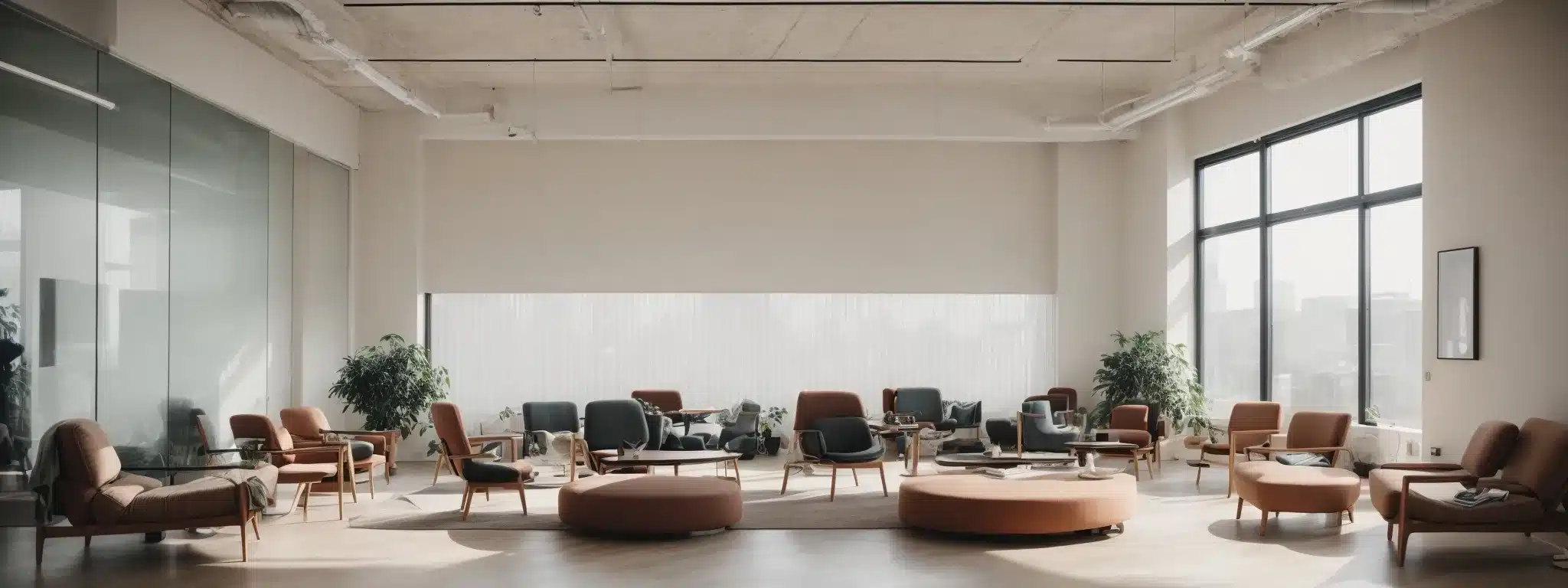 a circle of chairs in a tranquil office space, suggesting a group therapy or support session for employees.