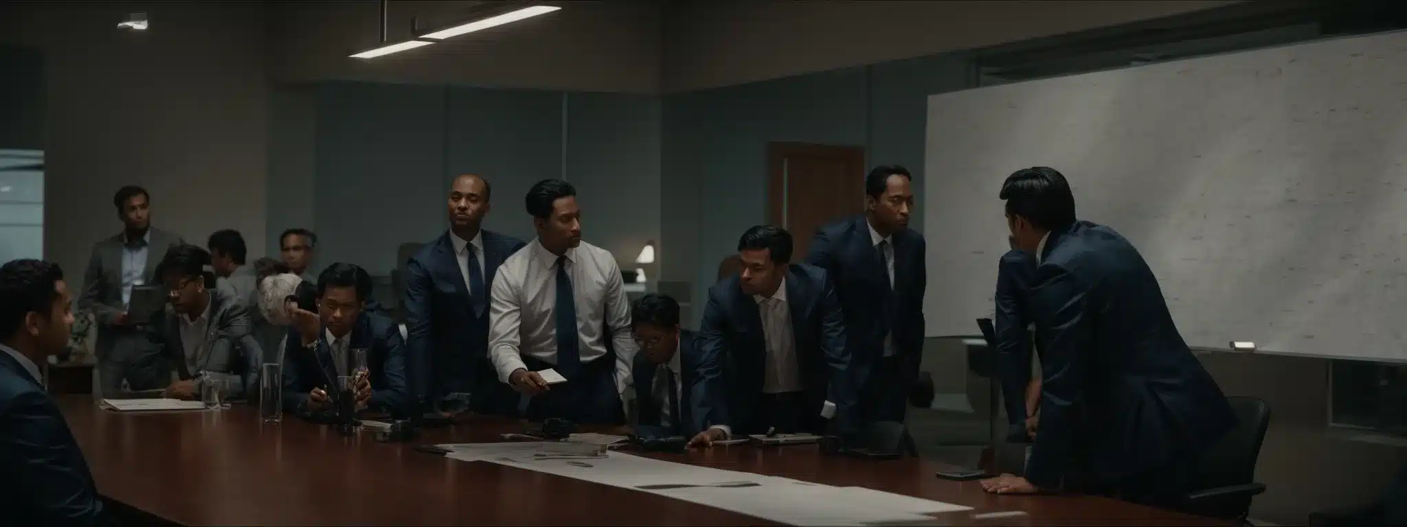 a group of employees gather around a conference table, discussing a large blueprint.
