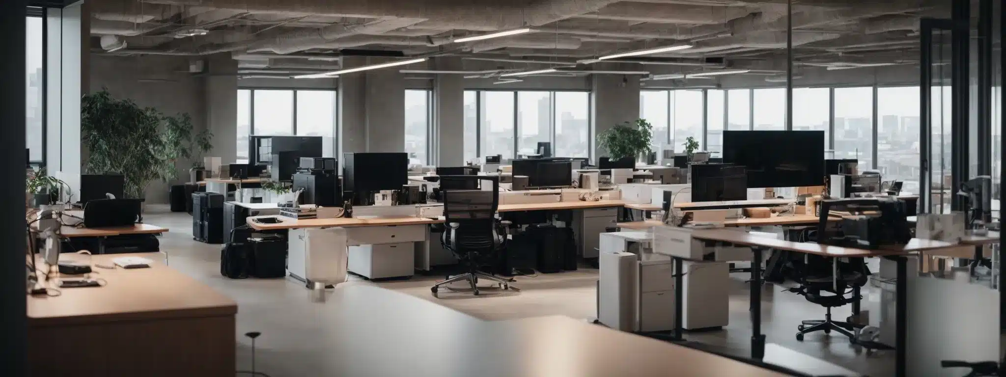 a spacious office with adjustable standing desks, ergonomic chairs, and soft lighting.