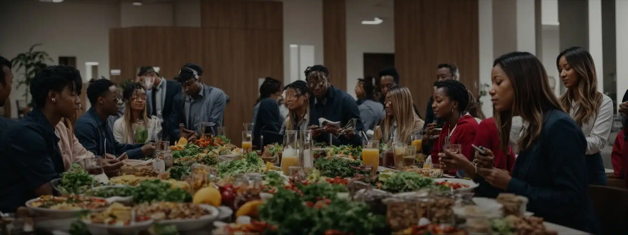 a group of employees gather around a table filled with healthy food options during a lunchtime wellness seminar.