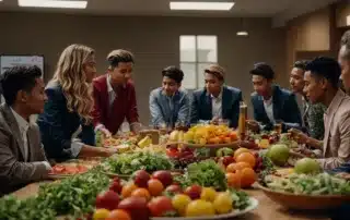 employees gathered around a conference table filled with a variety of colorful fruits and salad options.