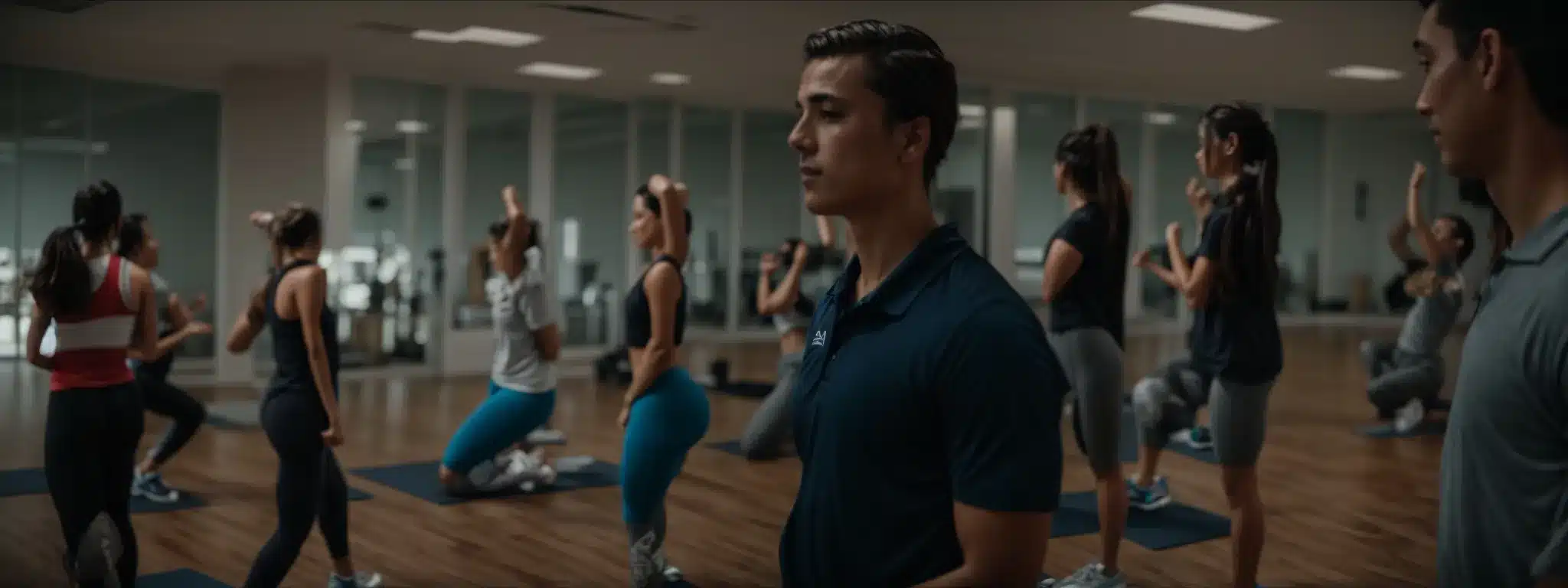 a group of employees engaged in a workplace wellness exercise class.