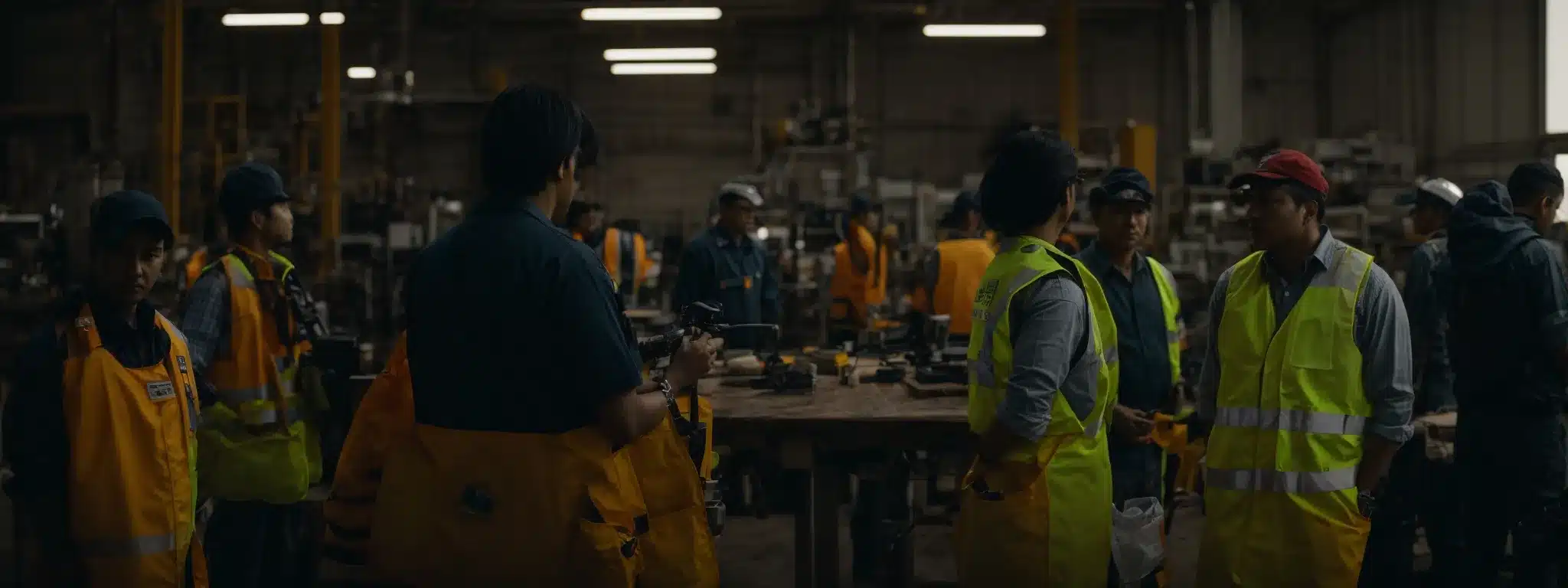 employees gather in a workshop wearing safety vests while discussing safety protocols.