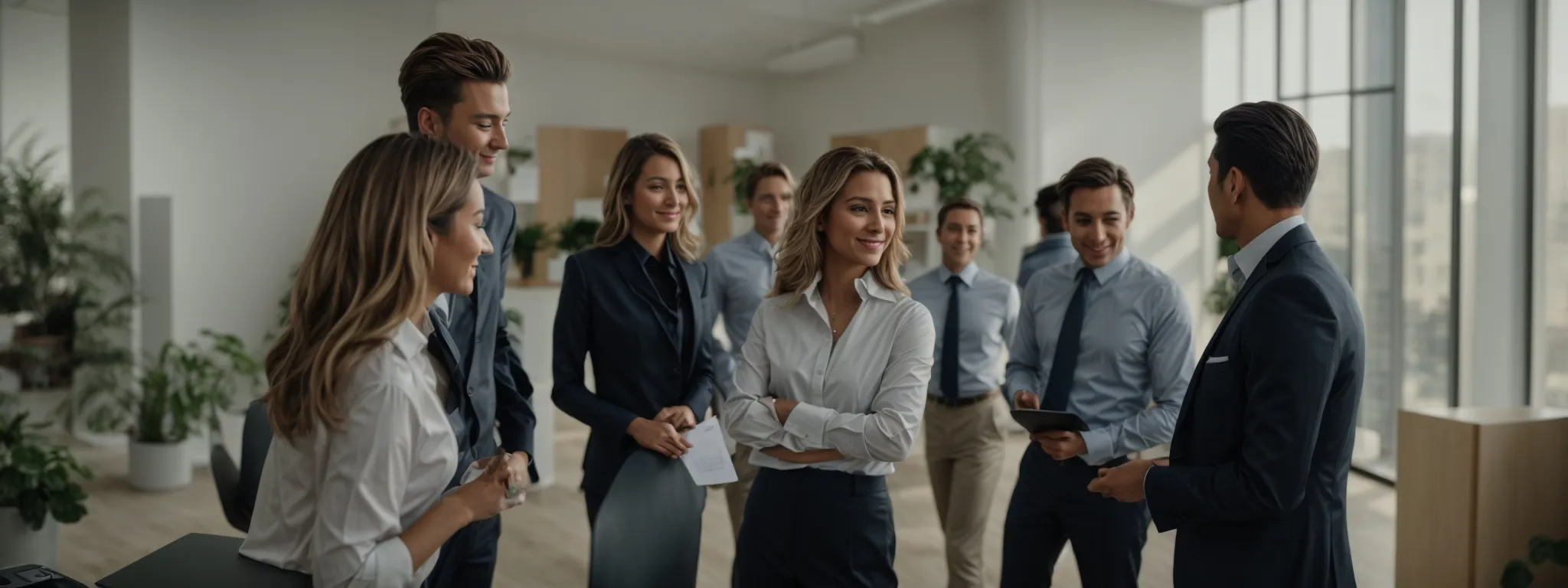 a group of corporate professionals engaging in a team-building exercise in a bright office space.